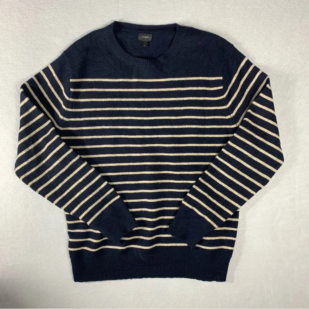 J.Crew Sweater Mens Large Navy Blue Striped Lambs Wool Crew Neck Long Sleeve